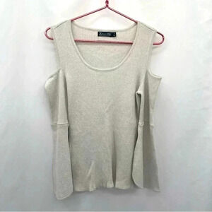 7thAvenue NY & Co Women’s Cold Shoulder Knit Top Med Cream Metallic Long Sleeve